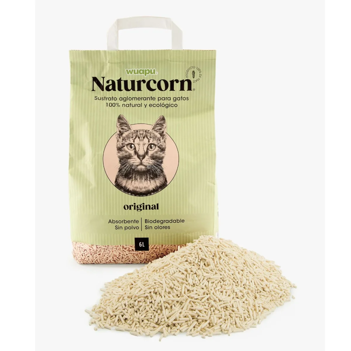 Sustrato Absorbente Wuapu Naturcorn Original En Pelet Biodegradable Para Gato 1 U 6l