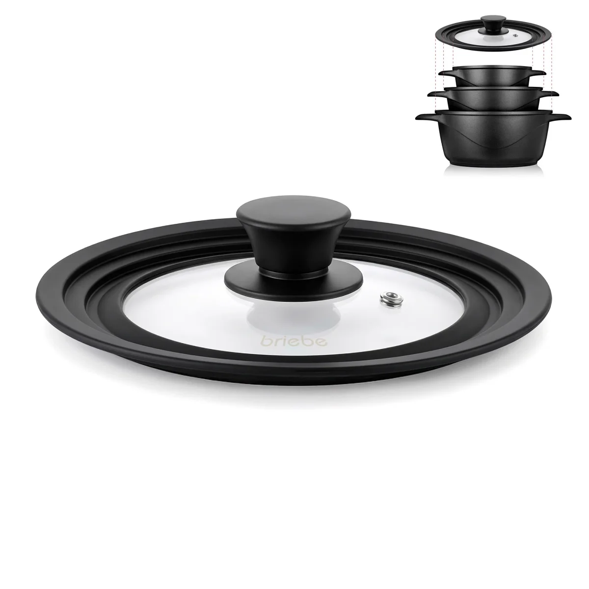 Briebe Totalid Tapa De Sartén Universal Con Borde De Silicona Y Cristal Templado, Multidiámetro 24-26-28 Cm