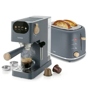 Briebe Nordic Conjunto Máquina De Café 20 Bar Cápsulas E Café Moído + Torradeira De Pão 2 Fendas Largas, Skt1221gry, Cinza 1350w