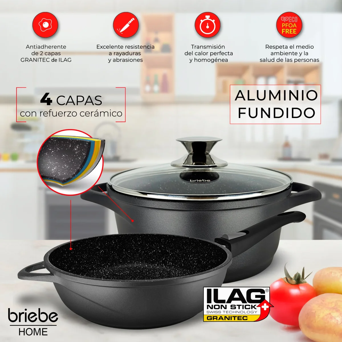 Briebe Trem De Cozinha Indução 12 Peças, Alumínio Fundido Antiaderente, 4 Panelas + 2 Frigideira Con Tampas, Mgk1219, Preto - Image 4