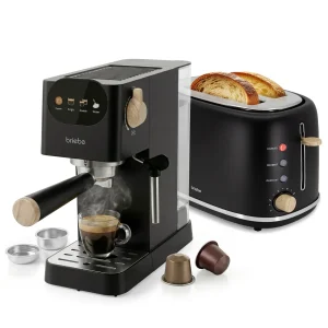 Briebe Nordic Conjunto Máquina De Café 20 Bar Cápsulas E Café Moído + Torradeira De Pão 2 Fendas Largas, Skt1221blk, Preto 1350w