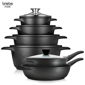Briebe Trem De Cozinha Indução 12 Peças, Alumínio Fundido Antiaderente, 4 Panelas + 2 Frigideira Con Tampas, Mgk1219, Preto