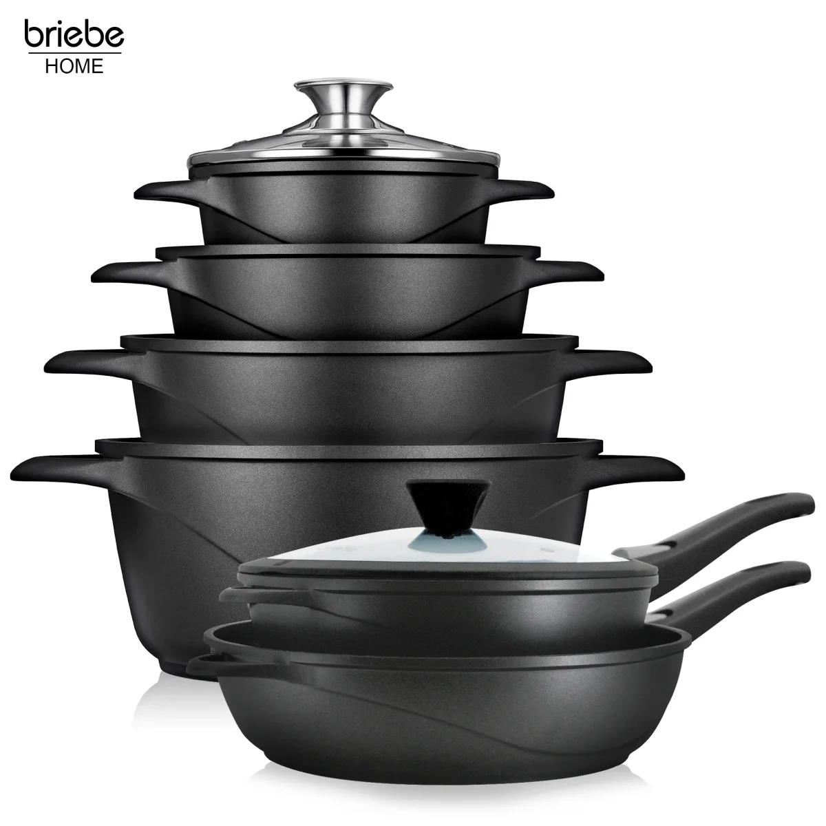 Briebe Trem De Cozinha Indução 12 Peças, Alumínio Fundido Antiaderente, 4 Panelas + 2 Frigideira Con Tampas, Mgk1219, Preto