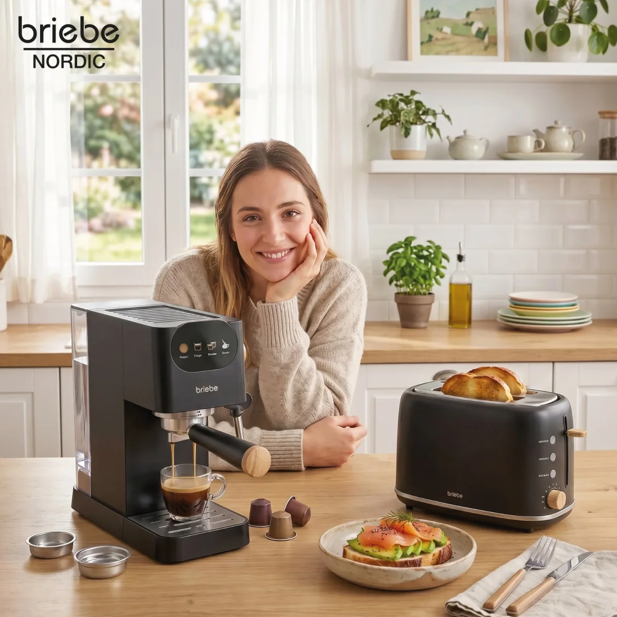 Briebe Nordic Conjunto Máquina De Café 20 Bar Cápsulas E Café Moído + Torradeira De Pão 2 Fendas Largas, Skt1221blk, Preto 1350w - Image 3