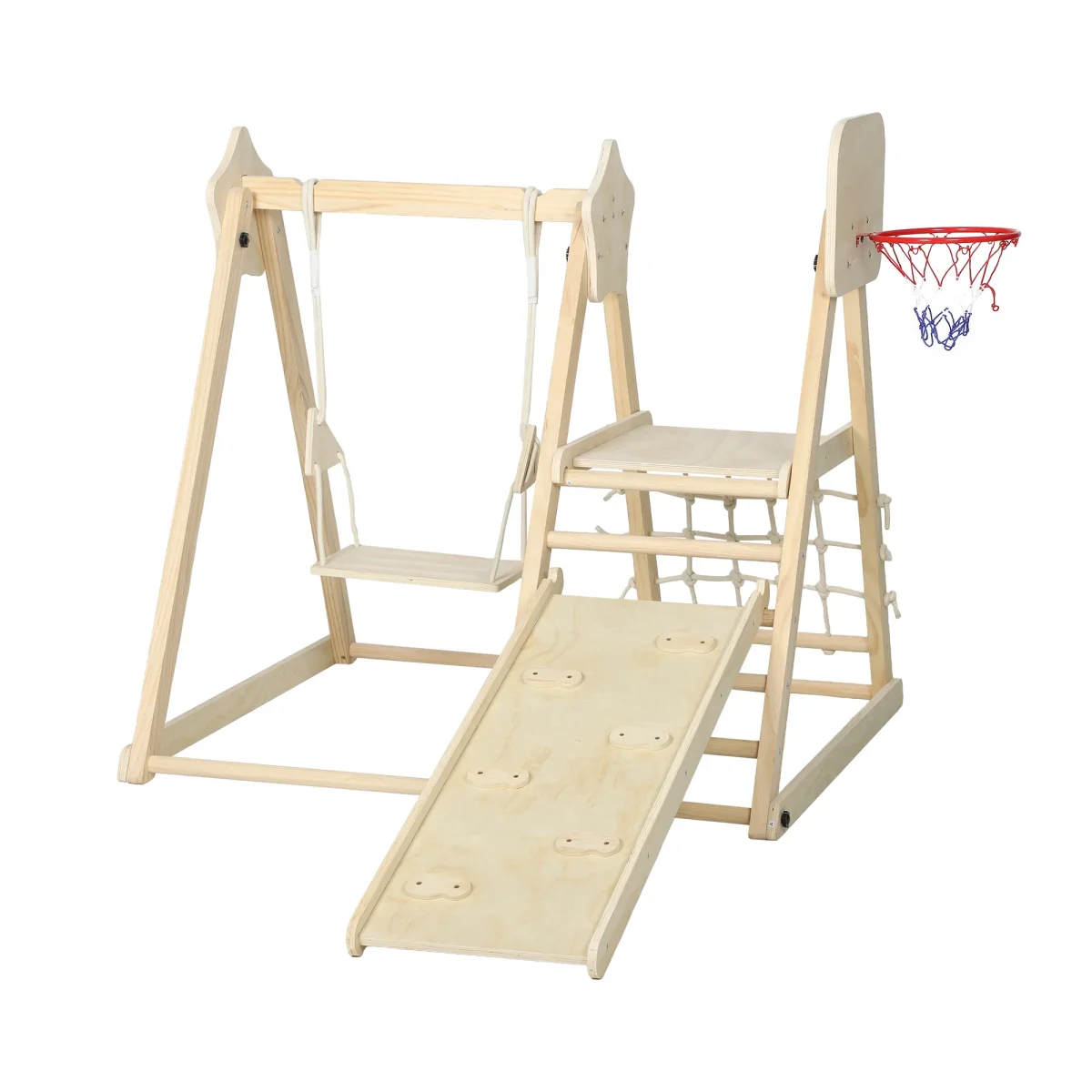 Aiyaplay Tobogán Infantil 5 En 1 Estructura De Escalada De Madera Natural