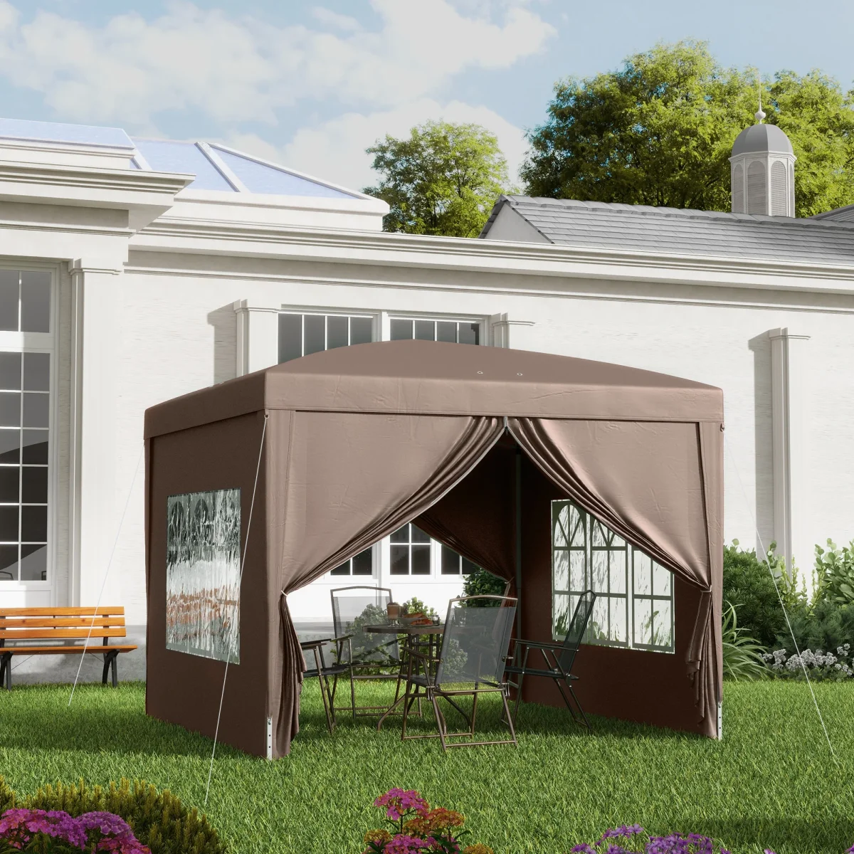 Outsunny Carpa Plegable Pop-up 3x3 M Con 4 Paredes Laterales Anti-uv Café - Image 3